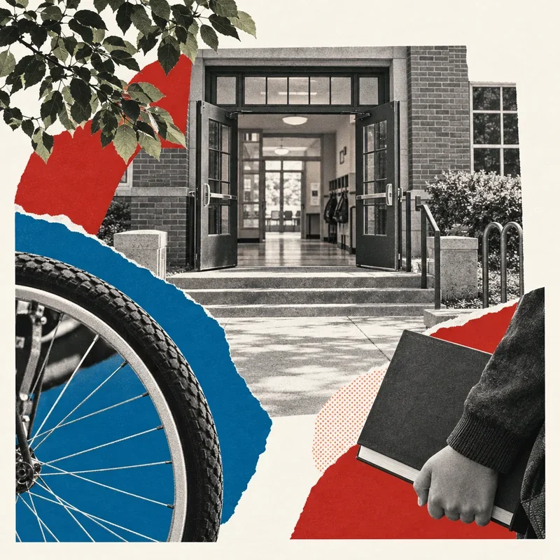Conceptual collage of a neighborhood school doorway, a bicycle and a book.