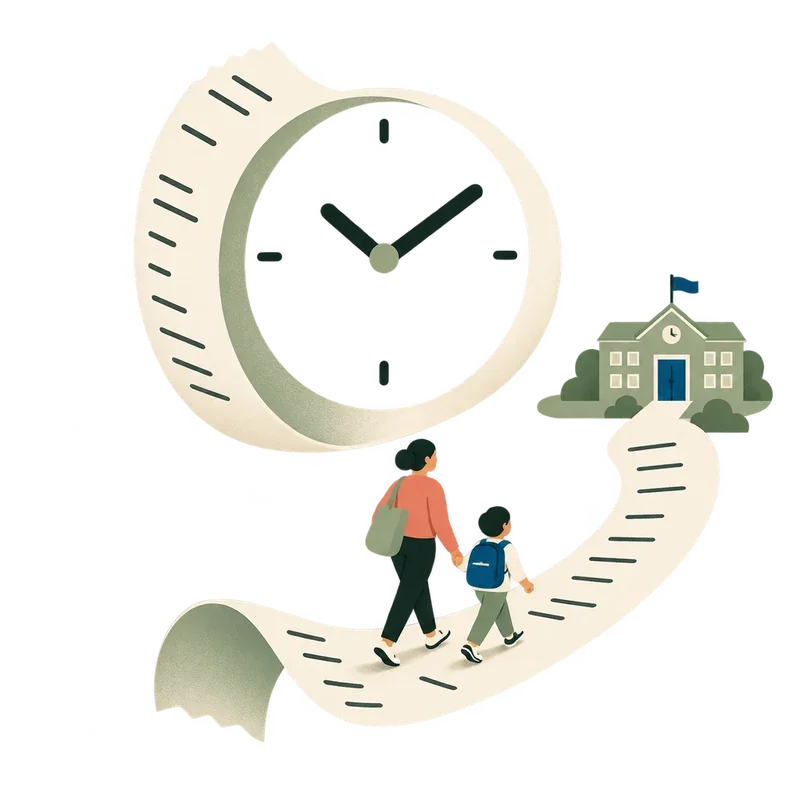 An illustrated receipt curls into a clock beside a family walking to school.