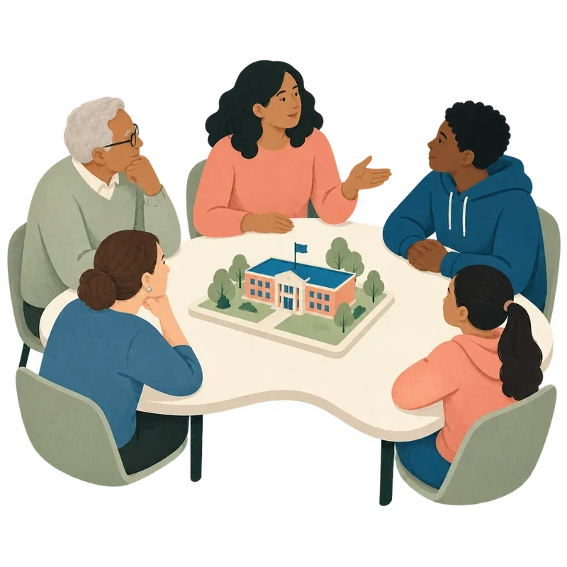 Illustrated neighbors discuss a school around an open table.