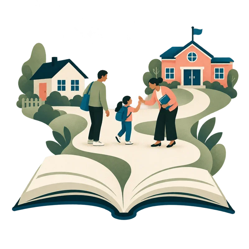 An illustrated open book becomes a path connecting a home, a school and the people around it.